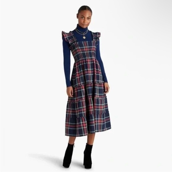 BNC Hill House The Ellie Nap Dress in Navy Tartan Plaid Midi Ruffle Dress - Picture 3 of 10